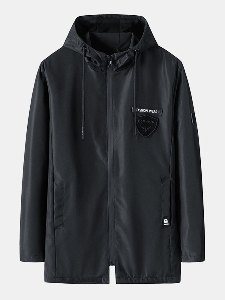 Mens Solid Applique Zipper Design Windbreaker Sporty Hooded Jackets