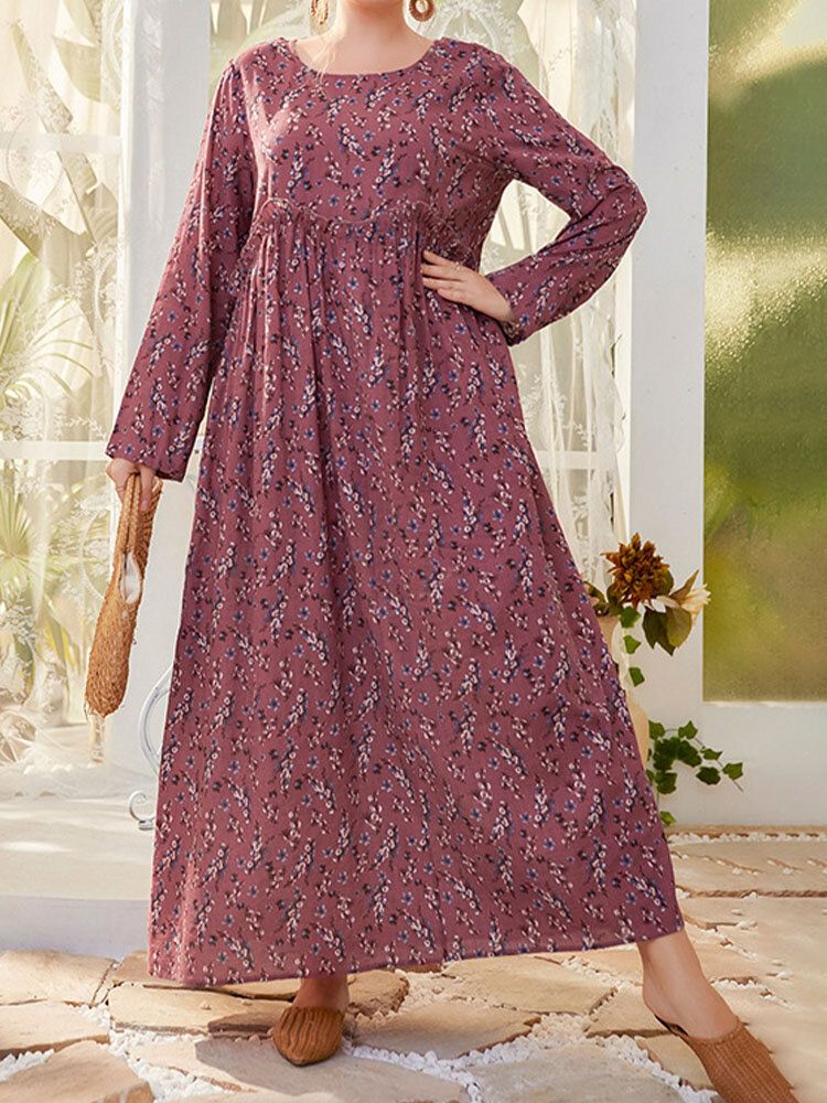 Plus Size Floral Print Vintage Long Sleeve Maxi Dress