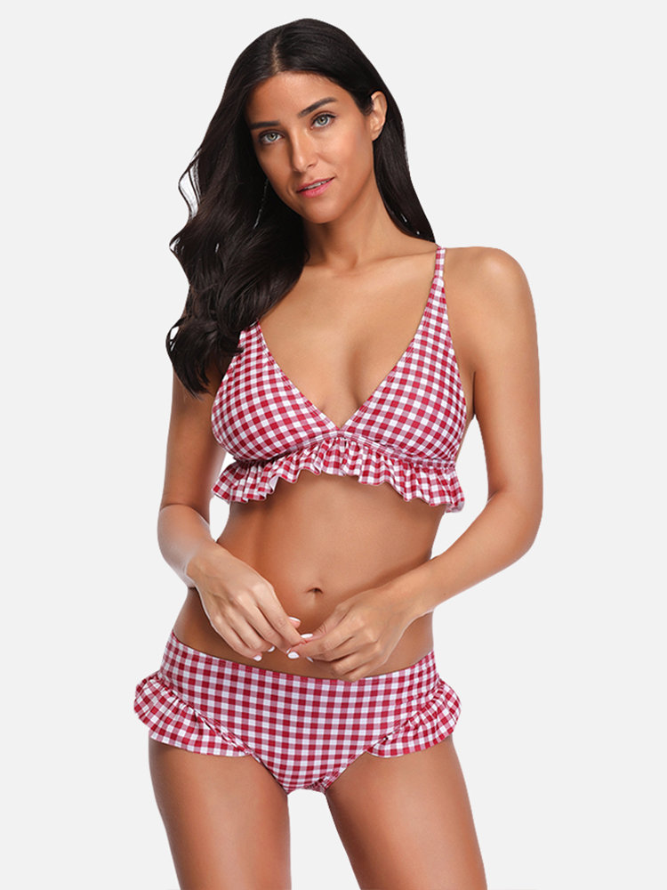 

Plaid Flounce Sexy Bikinis Swimsuits Backless Red Women Bathing Suits By Newchic, Black;red