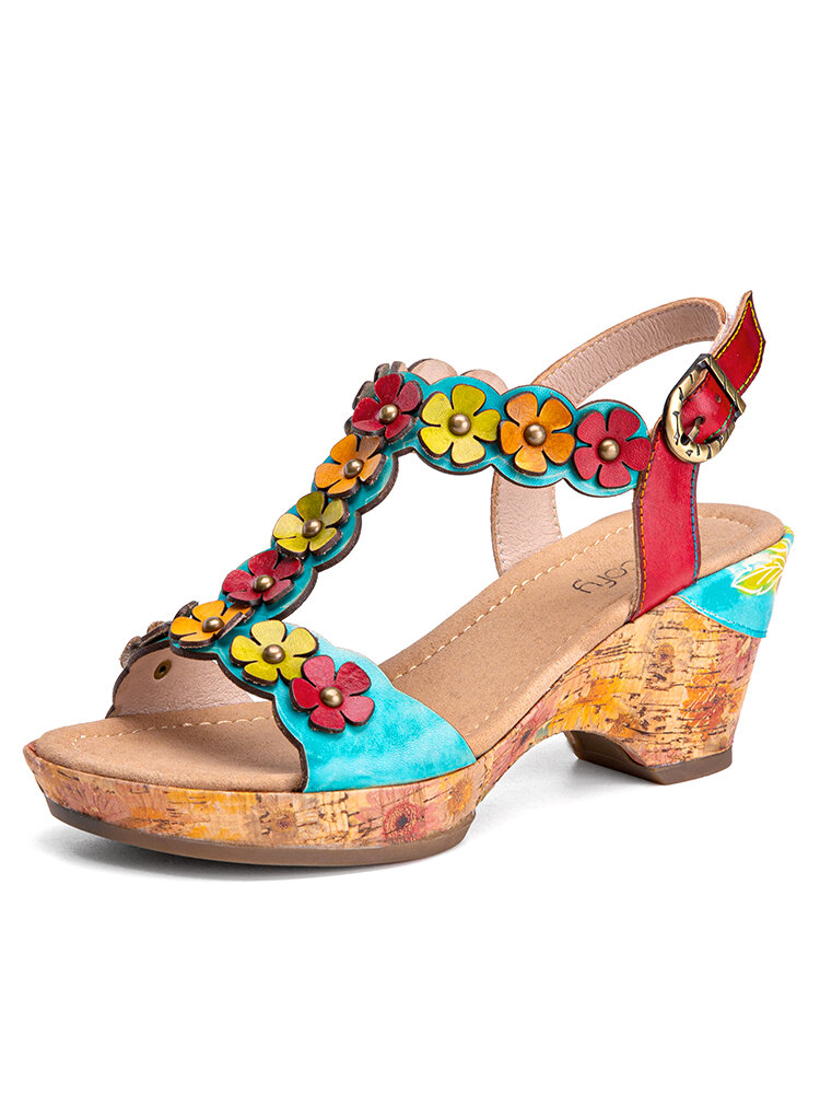 Socofy Bohemia Vocation Floral Printing Hasp Comfy Heel Sandals