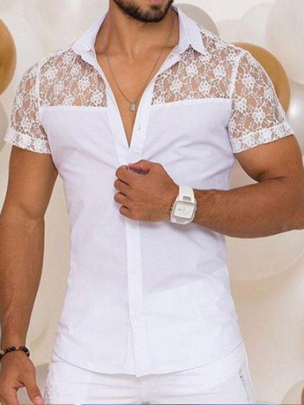 Plus Size Mens Floral Lace Stitching Casual Short Sleeve Shirts