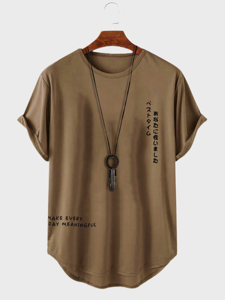 T-shirts décontractés à manches courtes avec ourlet incurvé et lettres japonaises pour hommes