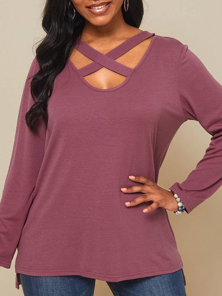 Solid Color Long Sleeve V-neck Casual T-shirt