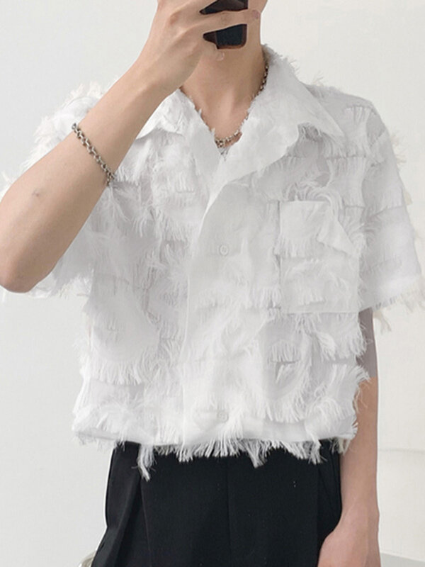 

Mens Eyelash Fringe Design Short Sleeve Shirt, Black;white