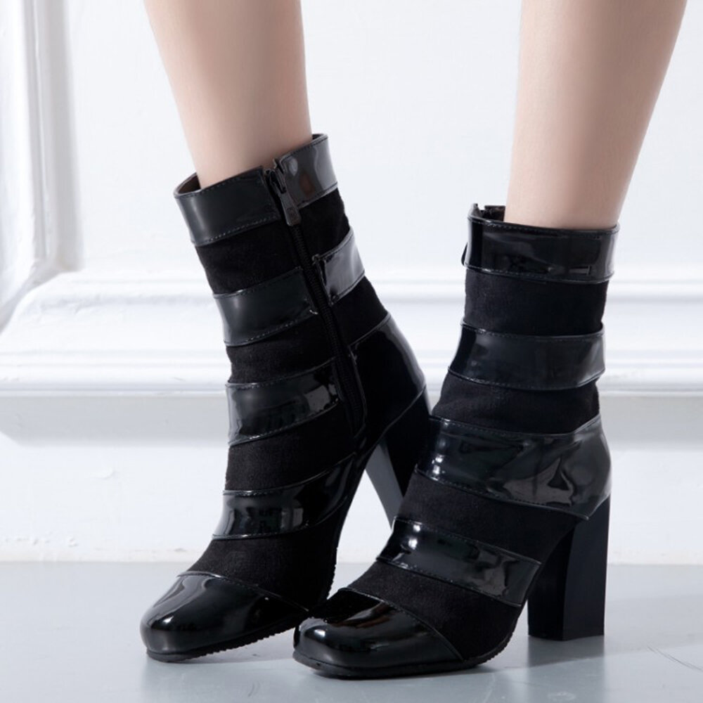 Suede Patent Leather Splicing Zipper Boots