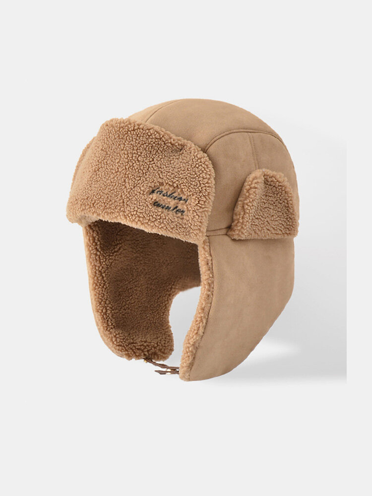 Men Lamb Wool Thicken Letter Pattern Embroidery Outdoor Ear Protection Windproof Warmth Trapper Hat