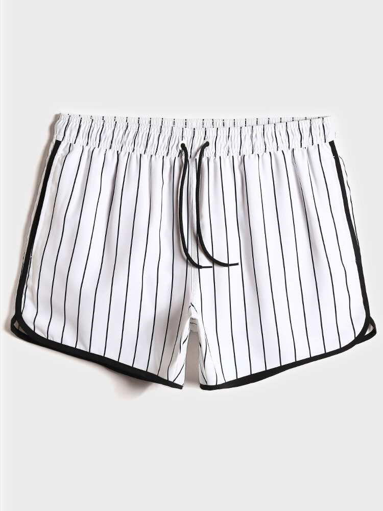 Mens Striped Quick-Drying Plain Drawstring Board Shorts With Contrast Binding