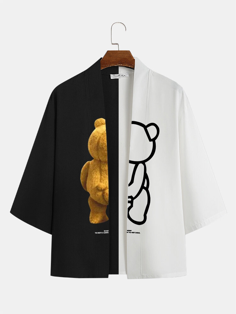 Mens Cartoon Bear Print Patchwork Casual Loose Kimono