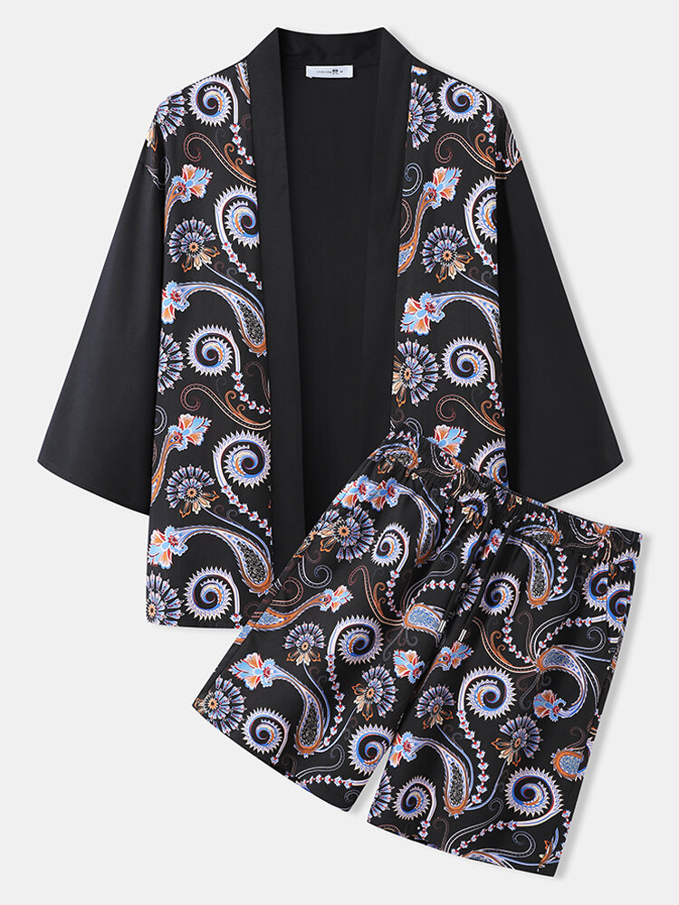 

Mens Plants Print Ethnic Front Open Kimono Two Pieces Outfits, Black