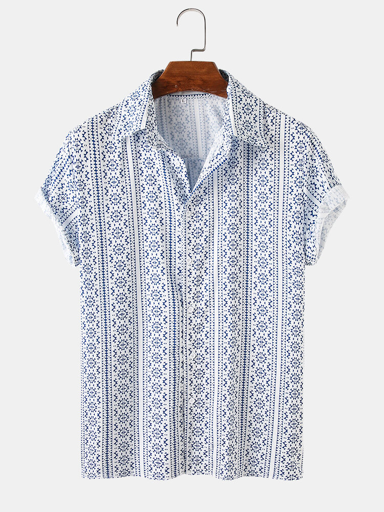 Mens Allover Pattern Element Print Plain Breathable Loose Short Sleeve Shirts