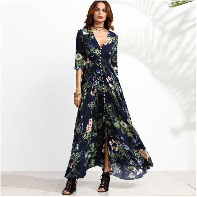 Print Single-breasted Five-point Sleeve Long Dress