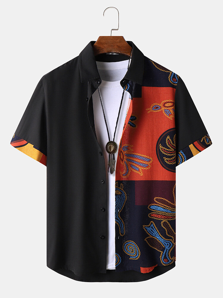 Kurzärmlige Hemden mit ethnischem Muster für Herren, Farbblock-Patchwork
