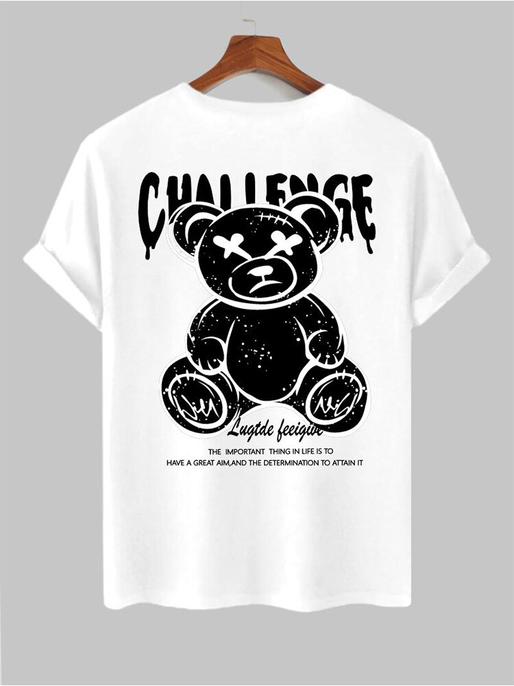 Mens Cartoon Bear Letter Print Crew Neck Short Sleeve T-Shirts