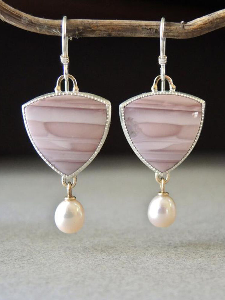 Vintage Stone Alloy Pink Opal Triangle Pendant Pearl Earrings