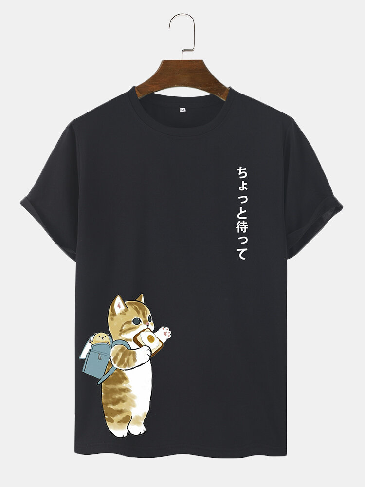 T-shirts à manches courtes imprimés japonais avec chat de dessin animé mignon pour hommes