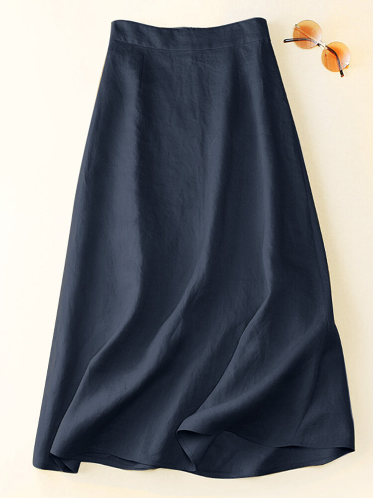 Falda casual de algodón con cremallera en la espalda de color liso para mujer