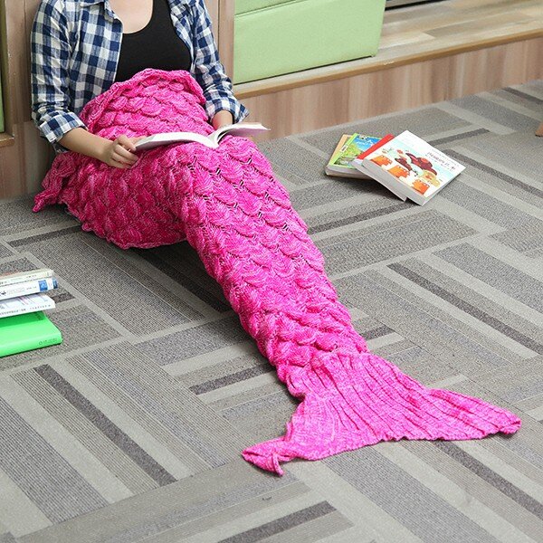 

180x90cm Yarn Knitting Mermaid Tail Blanket Wave Stripe Warm Bed Mat Super Soft Sleep Bag, Red;pink