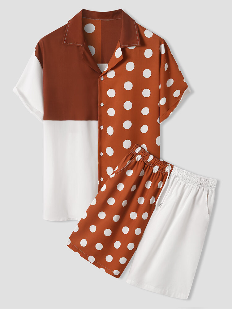 Mens Polka Dot Colorblock Revere Collar Two Pieces Outfits