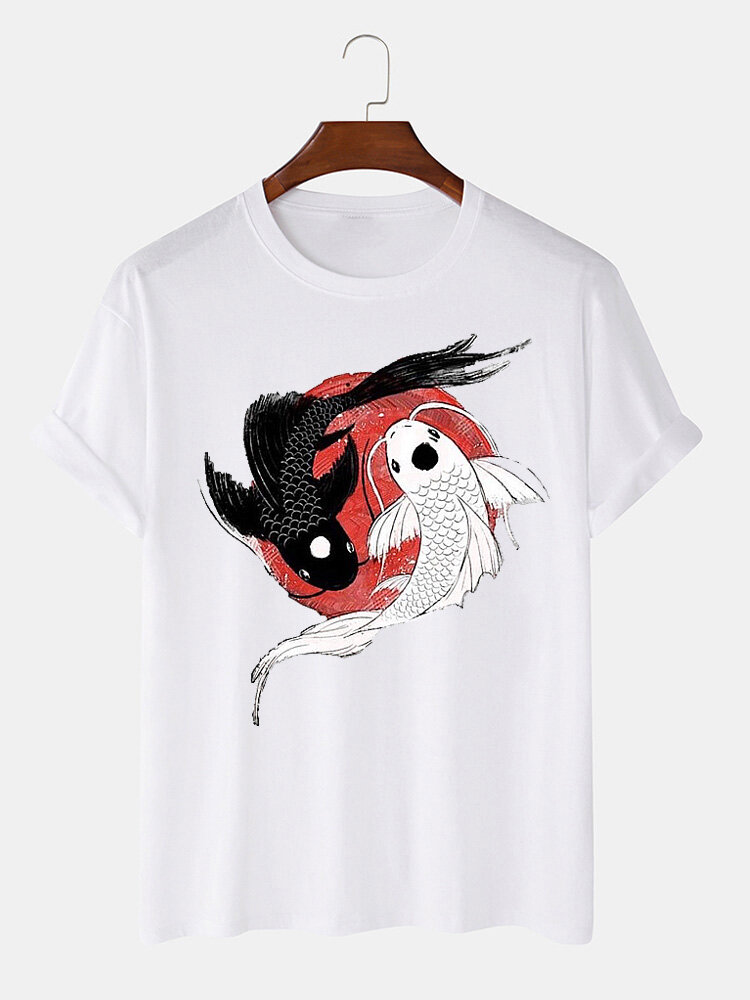

Mens Chinese Yin Yang Carp Print Crew Neck Short Sleeve T-Shirts, White;black
