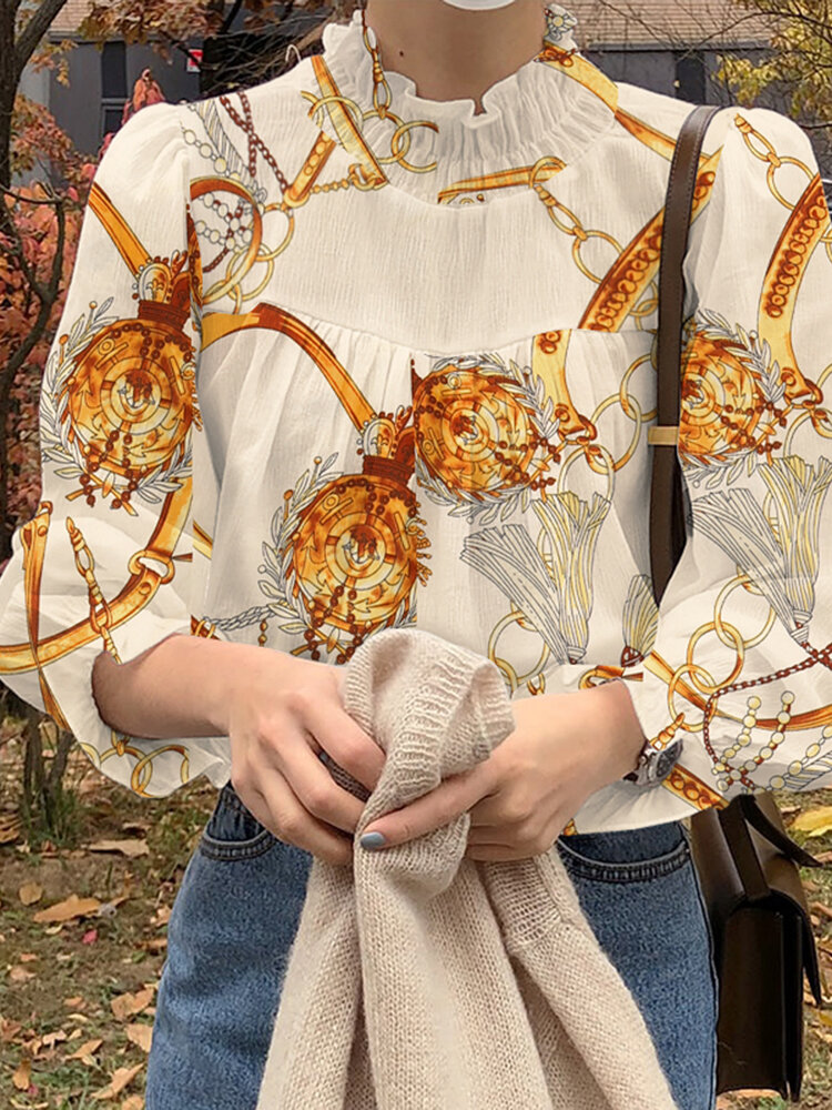 Chain Print Long Sleeve Shirred Half-collar Blouse For Women