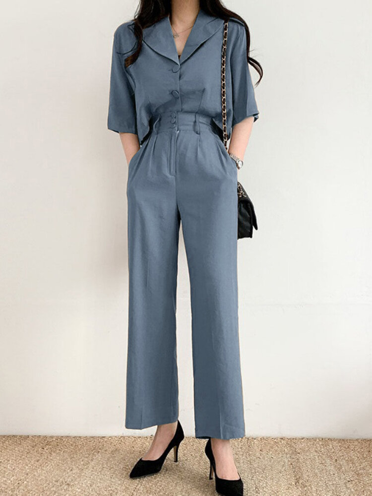 

Solid Button Front Pocket Lapel Short Sleeve Two Pieces Suit, Black;blue;camel