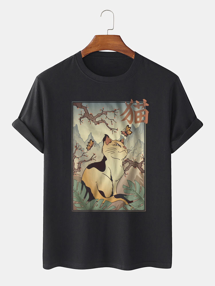 Mens Japanese Cat Landscape Graphic Crew Neck Short Sleeve T-Shirts