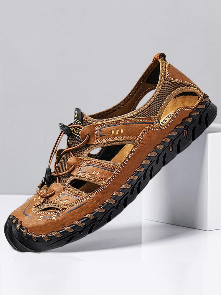 Men Hand Stitching Leather Non Slip Elastic Lace Casual Sandals