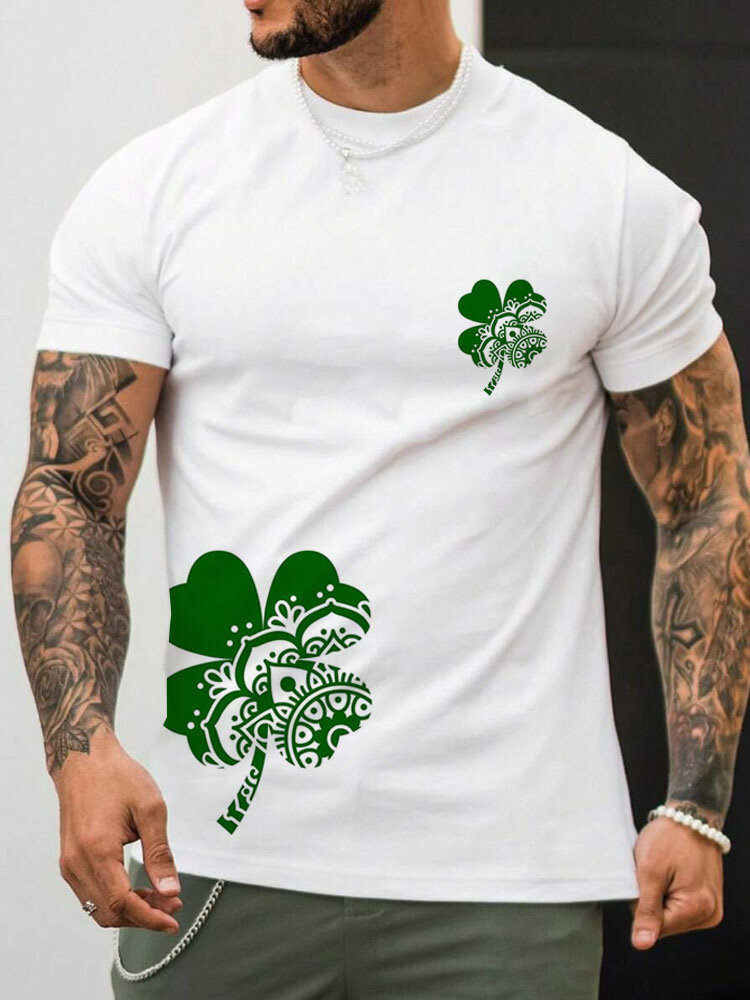 Camisetas masculinas de manga curta com estampa floral Clover St Patrick's Day inverno