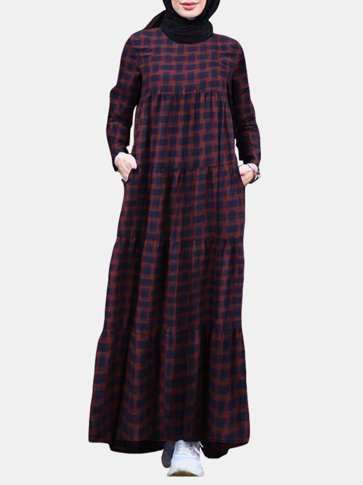 Women Ethnic Plaid Print Pocket Patchwork Casual Maxi Dress