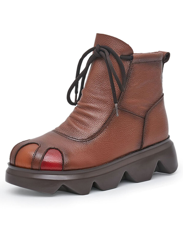 Socofy Leather Vintage Patchwork Side Zip Hard Wearing Platform Ankle Boots