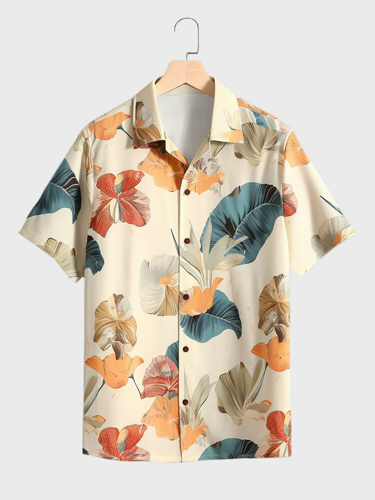 पुरुषों के लिए ऑलओवर ट्रॉपिकल प्लांट प्रिंट हवाईयन वेकेशन शॉर्ट स्लीव शर्ट