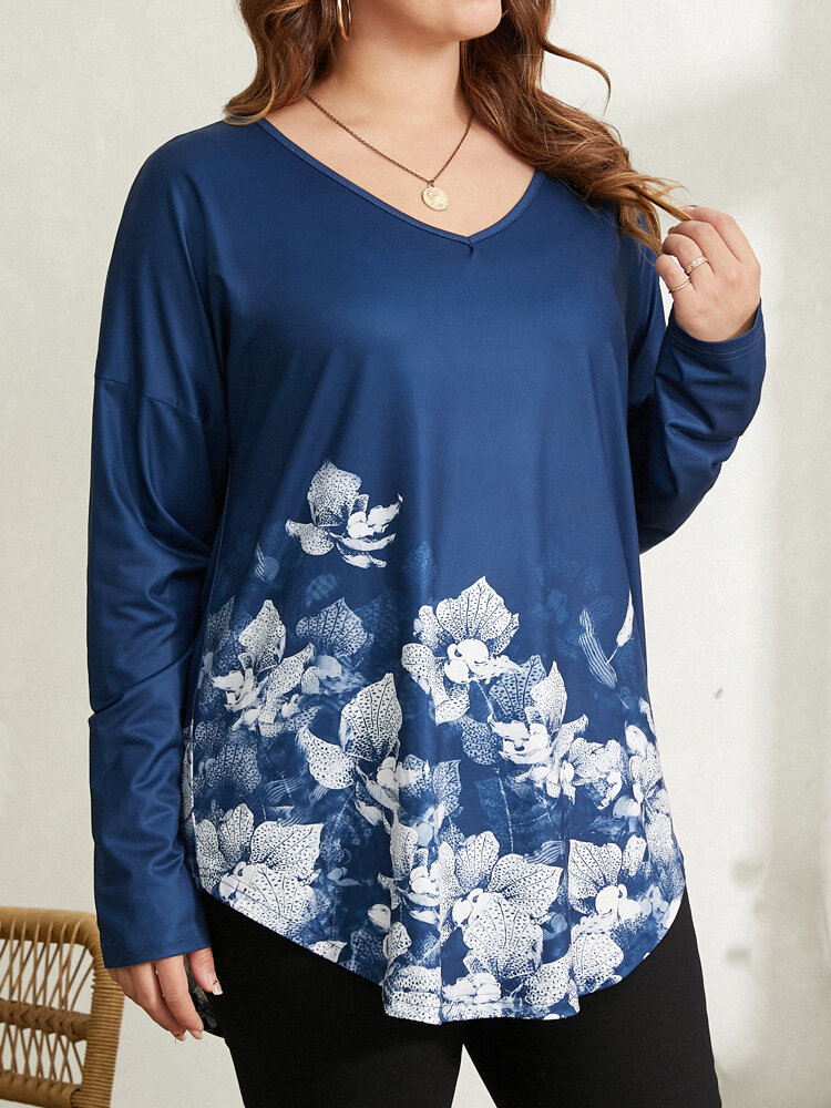 Plus Size Flower Print V-neck Long Sleeve Casual Women T-shirt