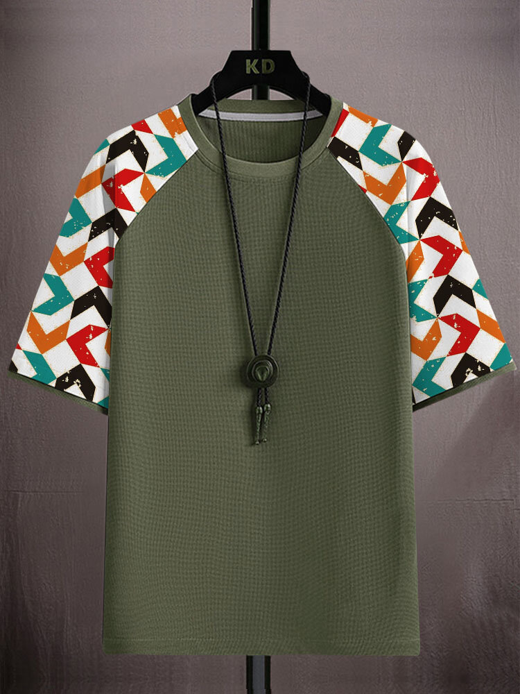 

Mens Geometric Print Patchwork Raglan Sleeve Waffle Knit T-Shirts, Army green