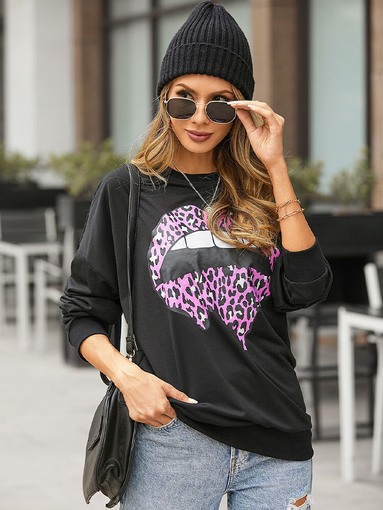 Langarm-Sweatshirt mit Rundhalsausschnitt und Lippenleopardenmuster