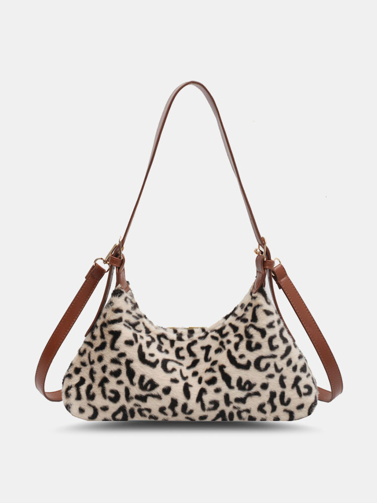 Women Fashion Plush Animal Print Leopard Tote Shouler Bag Handbag