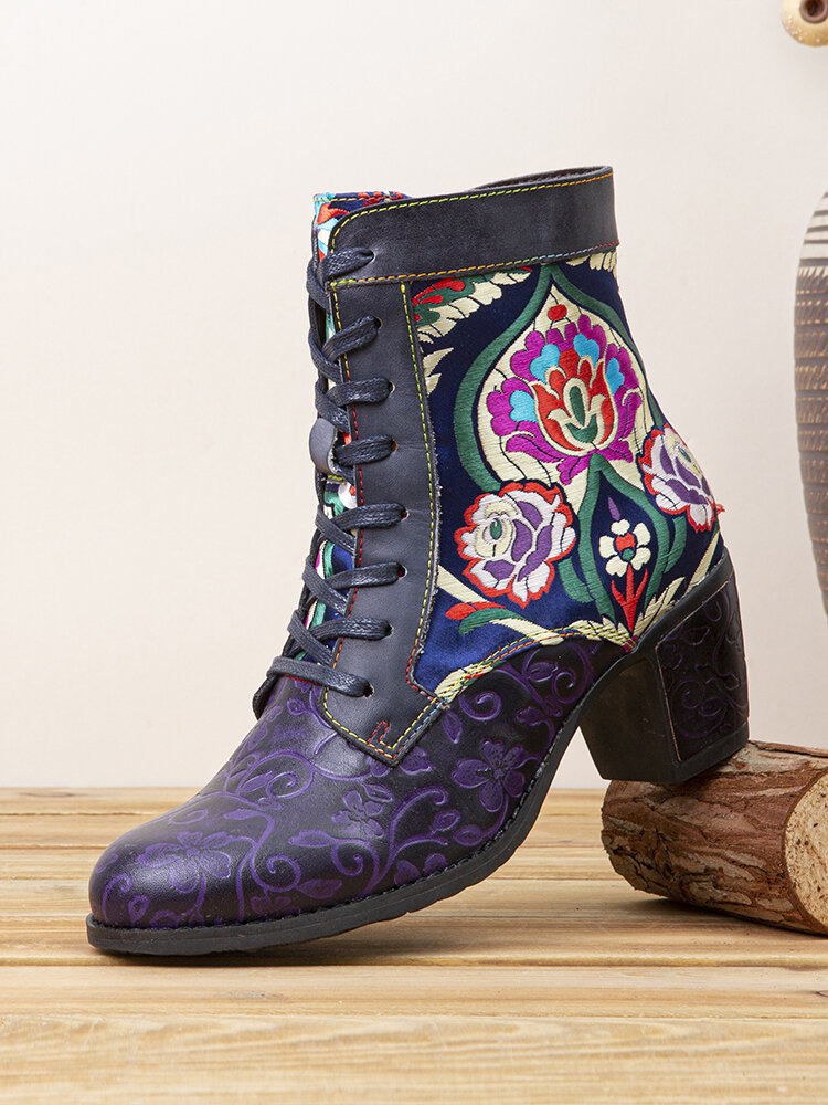 Socofy Vintage Luxurious Floral Embroidered Leather Side-zip Embossed Comfortable Chunky Heel Short Boots