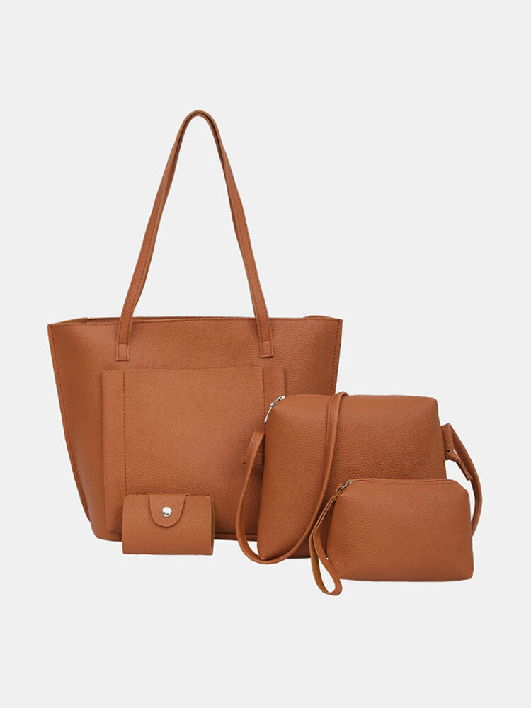 Women PU Leather Handbag Set 4 Pcs Solid Tote Bag 