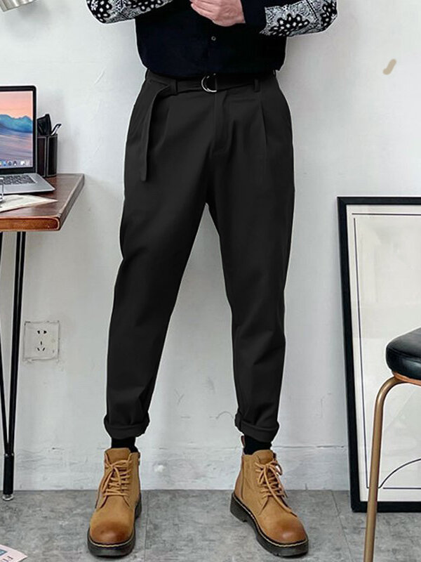 Men High Waist Belted Casual Tapered Leg Pants