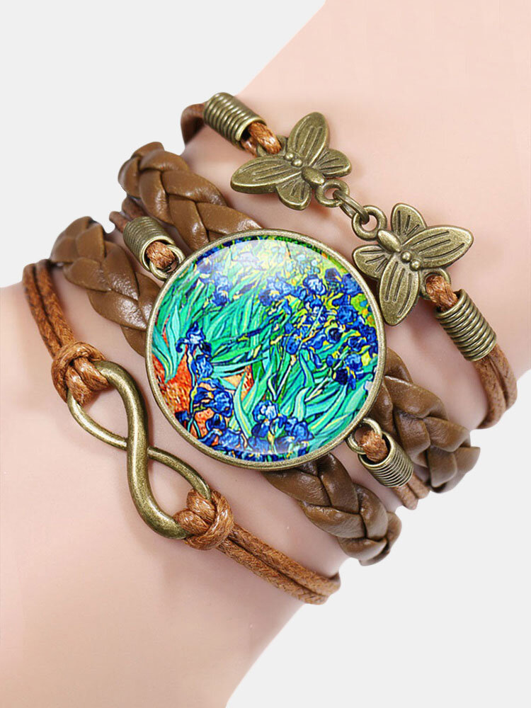 Vintage Painting Crystal Bracelet Hand-Woven Butterfly Infinity Symbol Men Women Multi-Layer Leather Bracelet