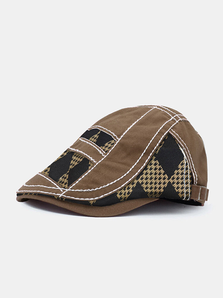 Collrown Men Polyester Cotton Color Contrast Patchwork Geometric Pattern Casual Sunshade Beret Flat Cap