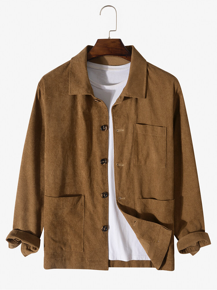 Mens Corduroy Solid Button Up Basics Long Sleeve Jackets With Pocket