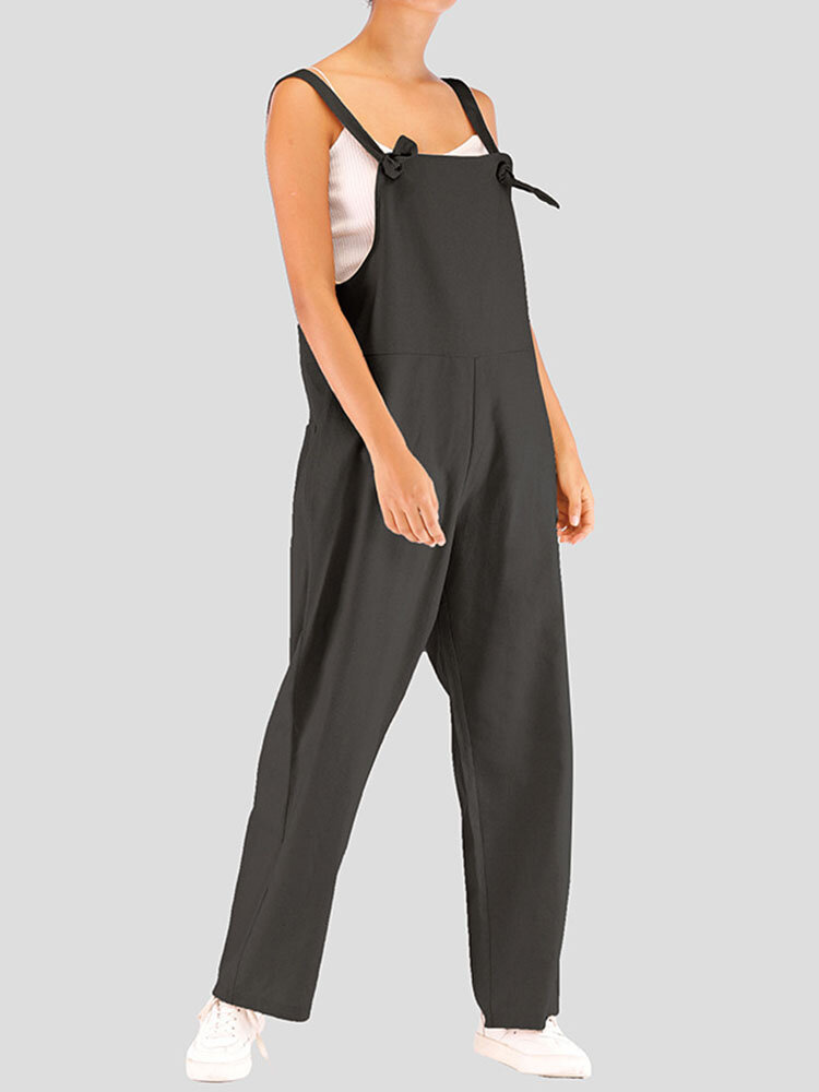 Solid Color Knotted Pocket Zip Front Jumpsuit For Women
