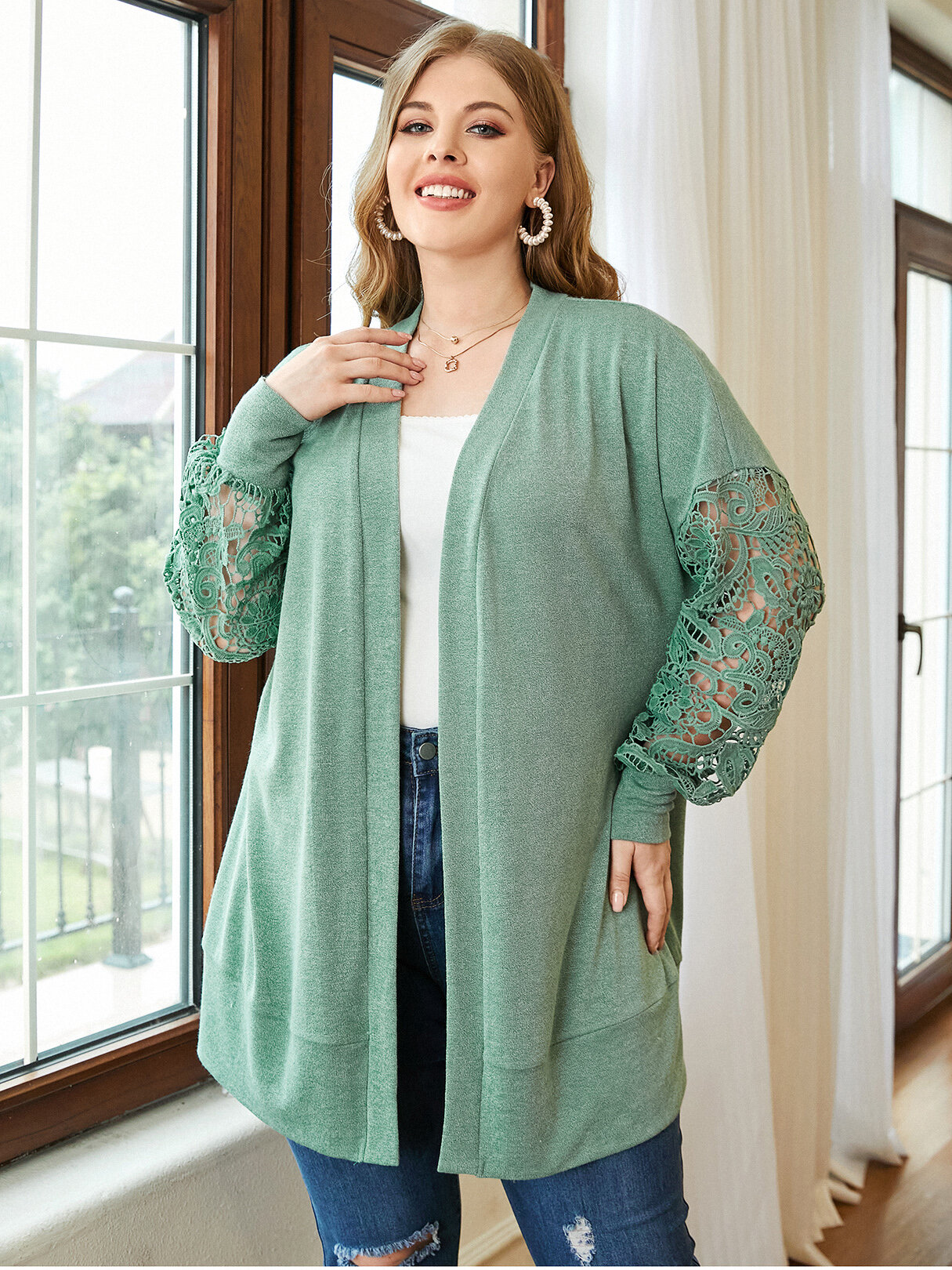 

Plus Size Guipure Splice Sleeve Open Front Knitted Cardigan, Green