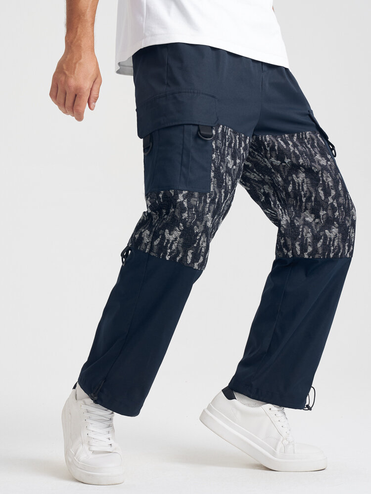 Mens Pattern Stitching Loose Drawstring Cargo Pants With Pocket