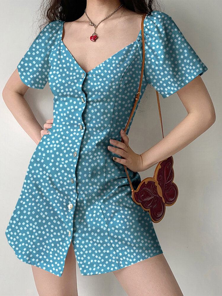 Allover Floral Print Button Front Short Sleeve Dress