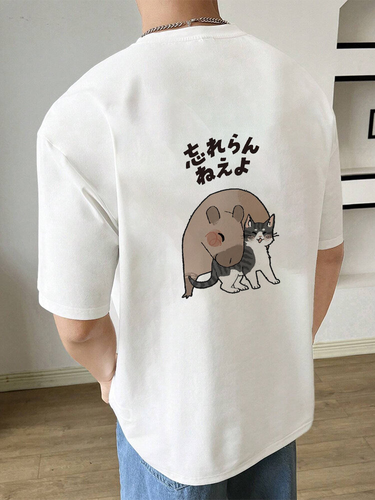 Mens Japanese Cartoon Animal Back Print Short Sleeve T-Shirts Winter