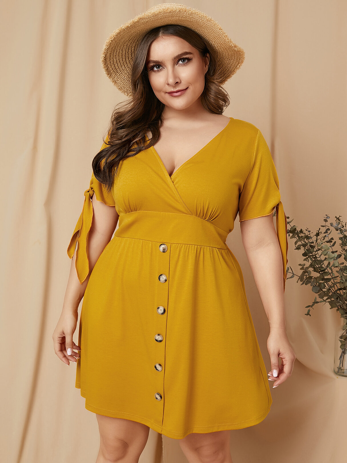 Solid Color Button Knotted Plus Size Casual Midi Dress