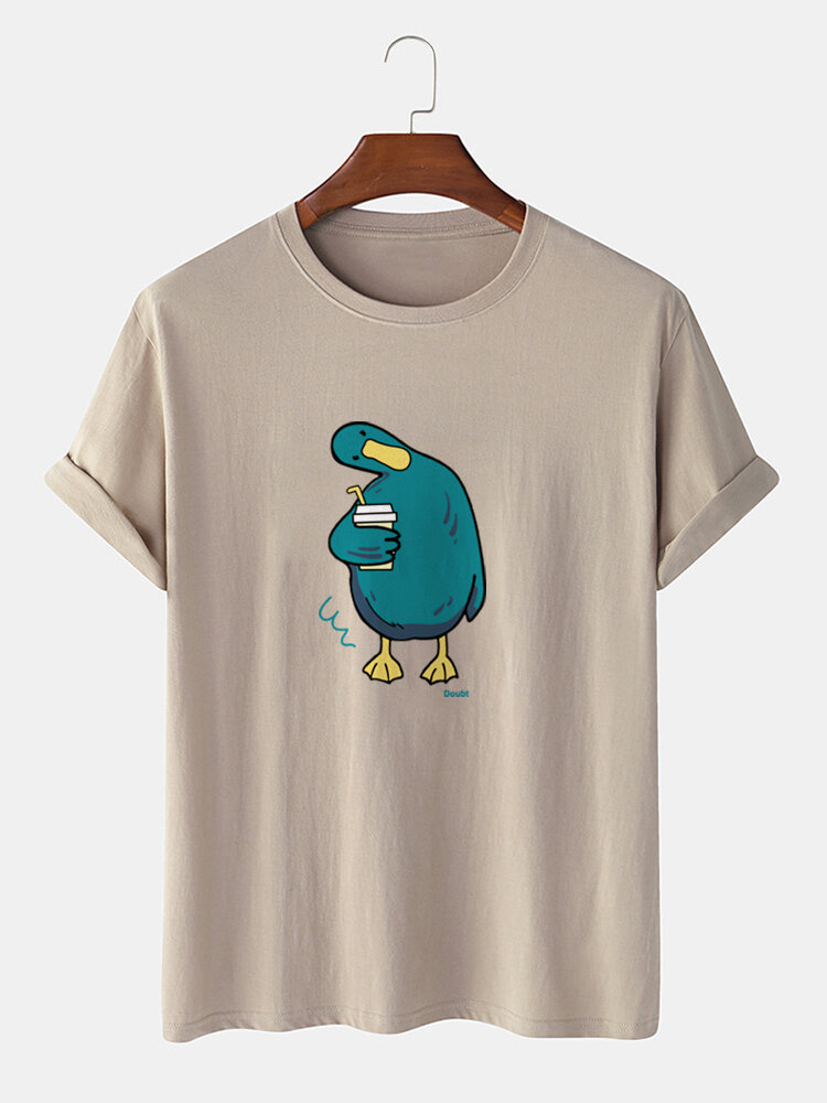 Camisetas de manga corta de algodón con estampado de pato y bebidas de dibujos animados para hombre