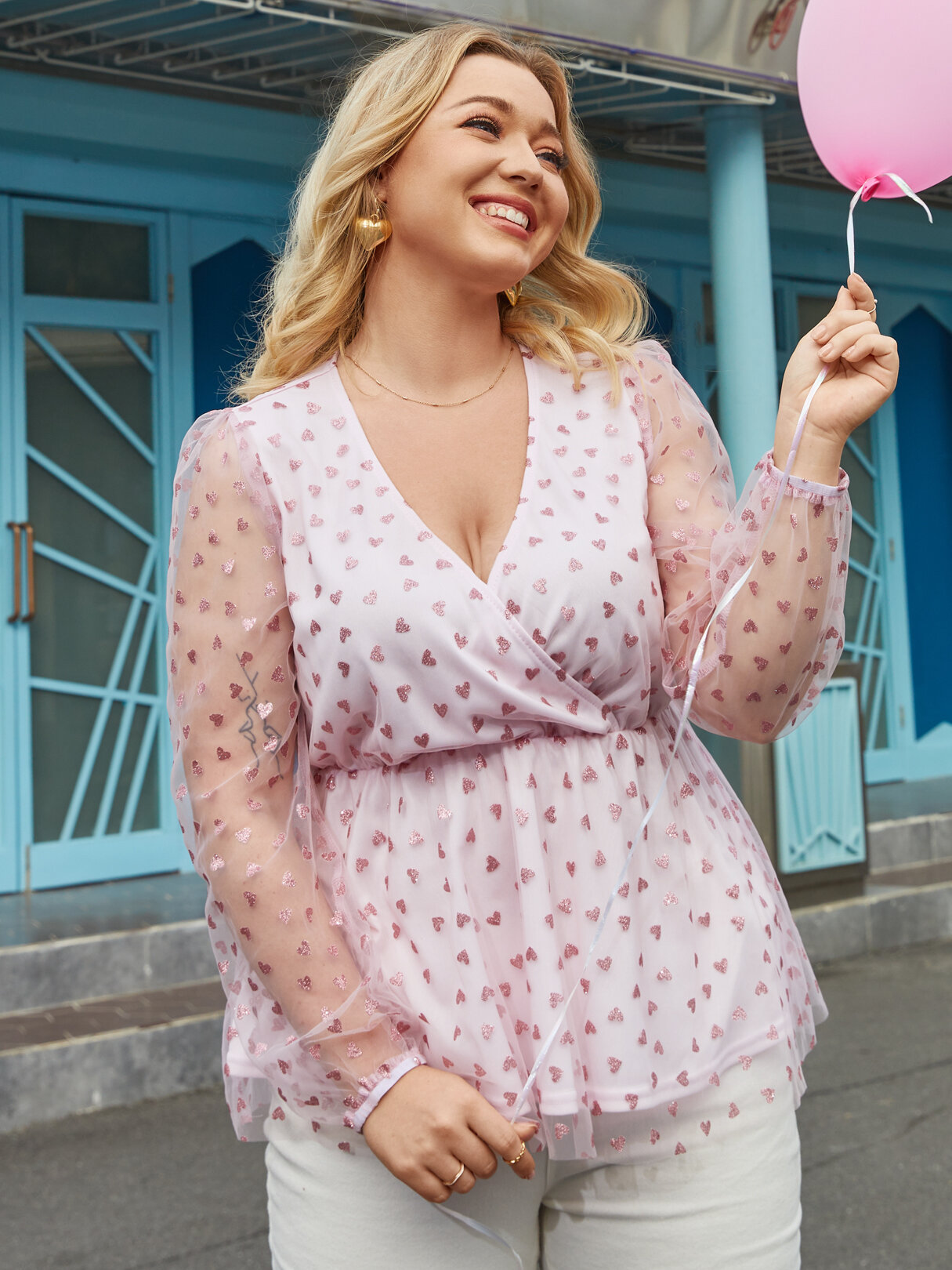 Plus Size Pink V-neck Heart Long Sleeves Blouse