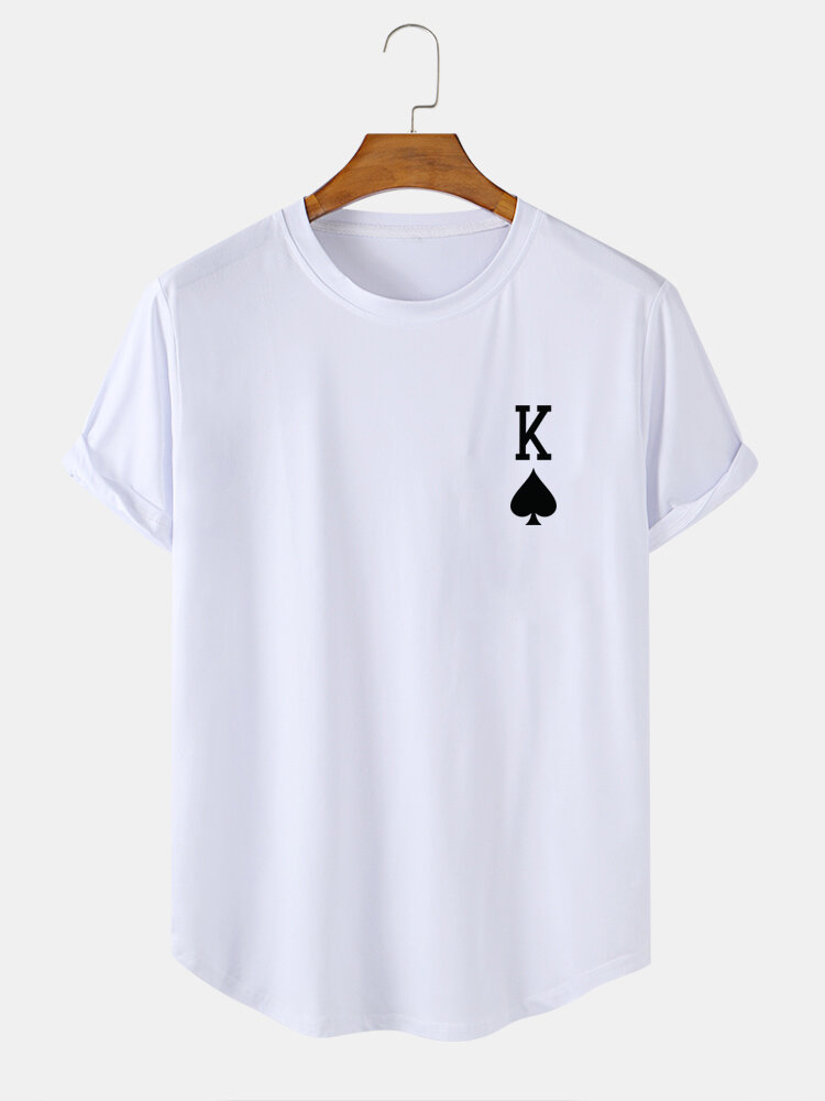 

Poker Heart K Print Curved Hem T-Shirts, White;black;khaki;wine red;army green;brown;lake blue;blue